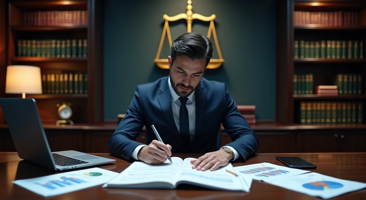 Advogado criminalista em escritório analisando documentos financeiros com símbolo de justiça ao fundo