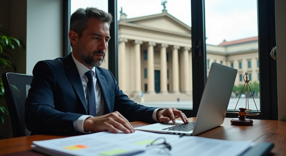 Advogado criminalista analisando processo em frente ao tribunal