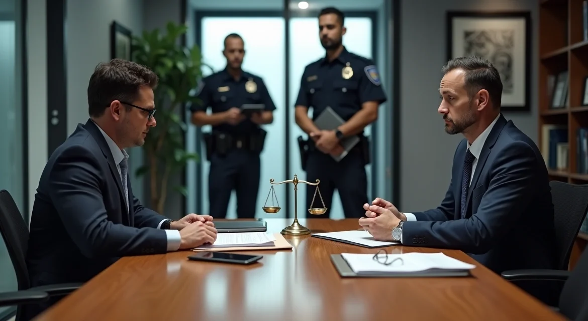 Advogado criminalista orientando cliente em depoimento com policiais ao fundo