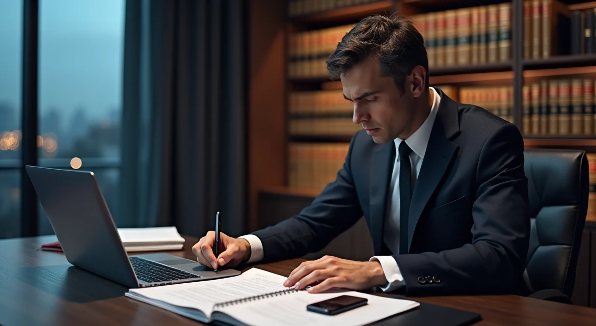 Advogado criminalista analisando documentos jurídicos sobre associação criminosa